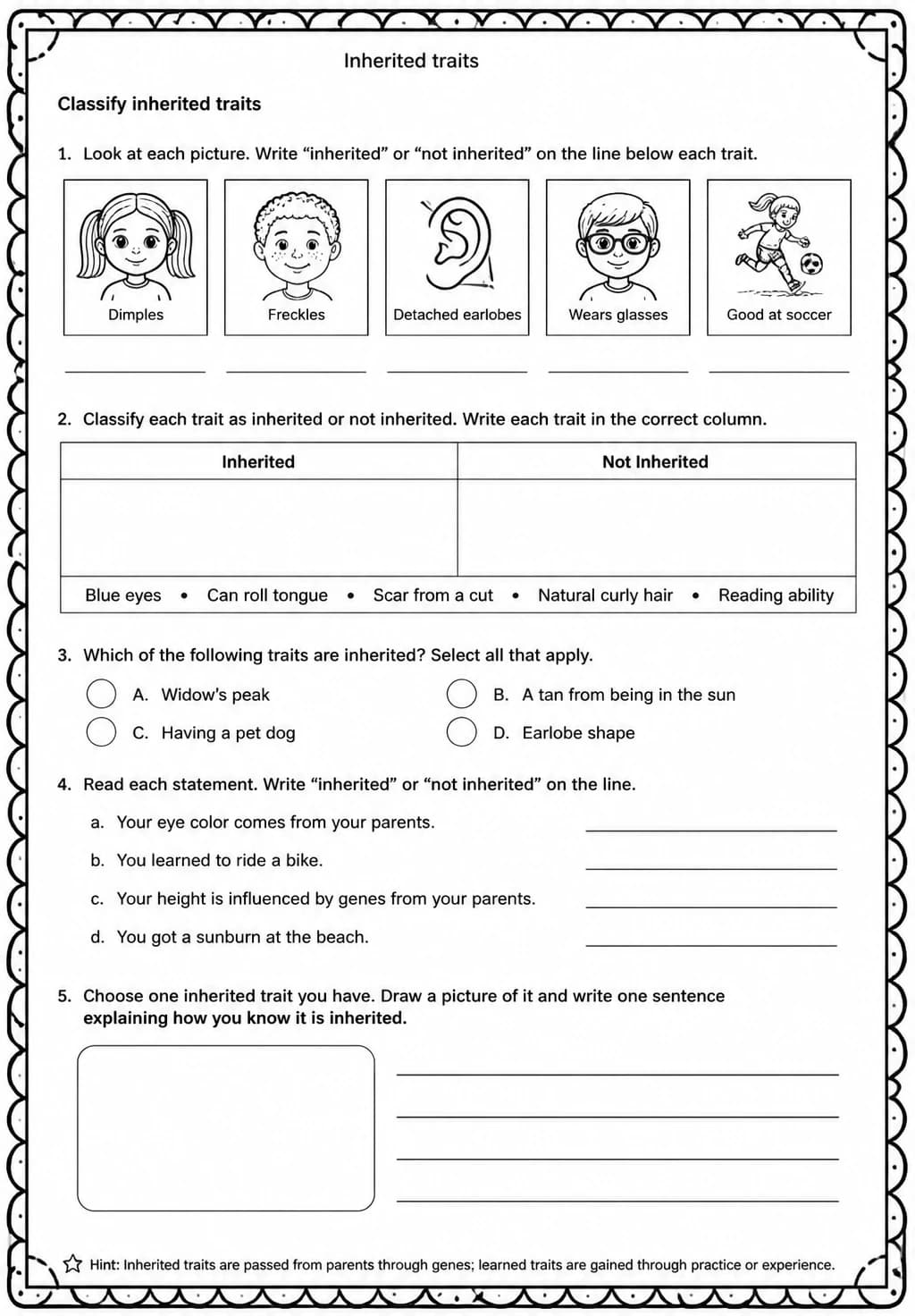 Classify inherited traits — free printable Grade 5 Science worksheet