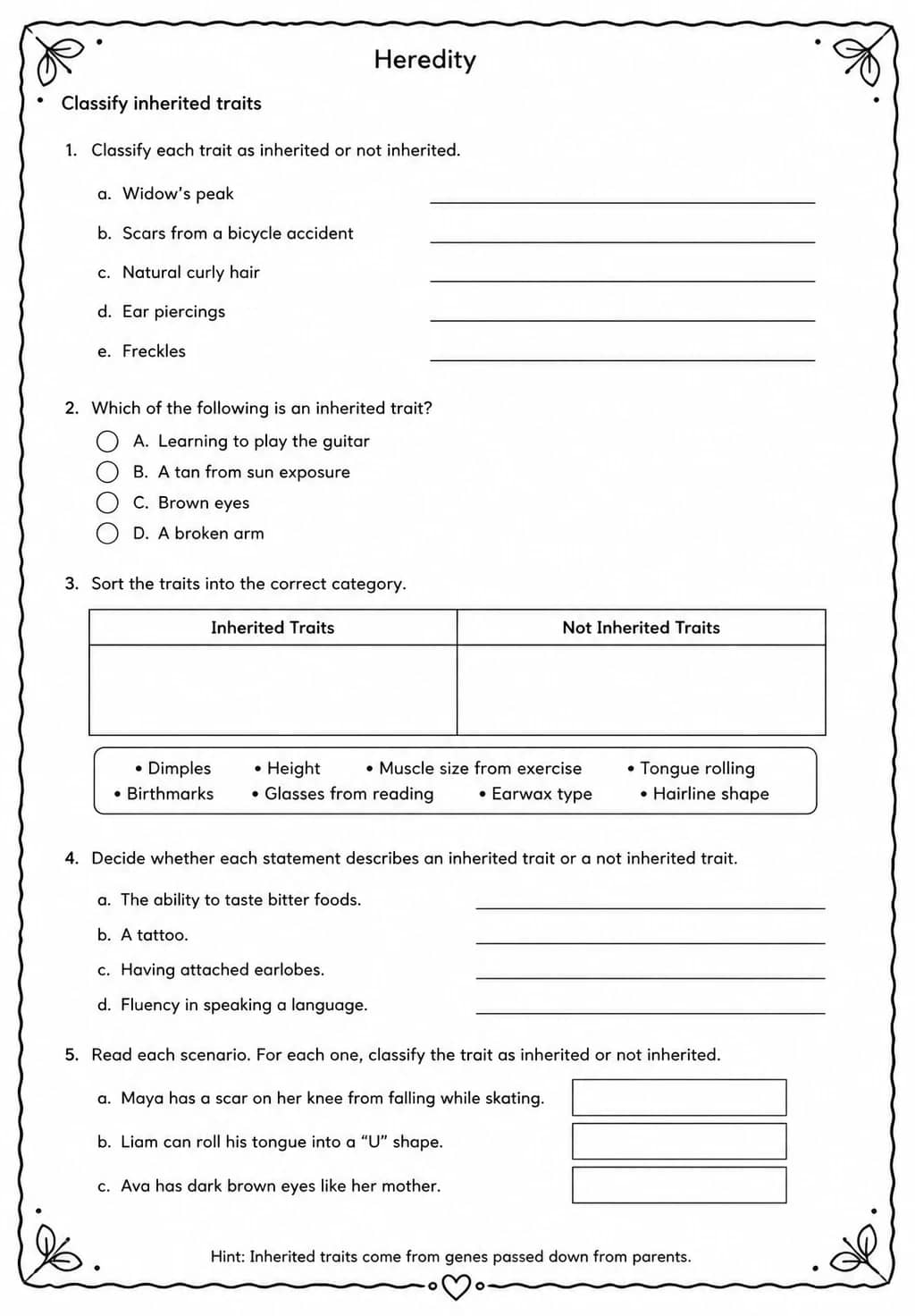 Classify inherited traits — free printable Middle School Science worksheet