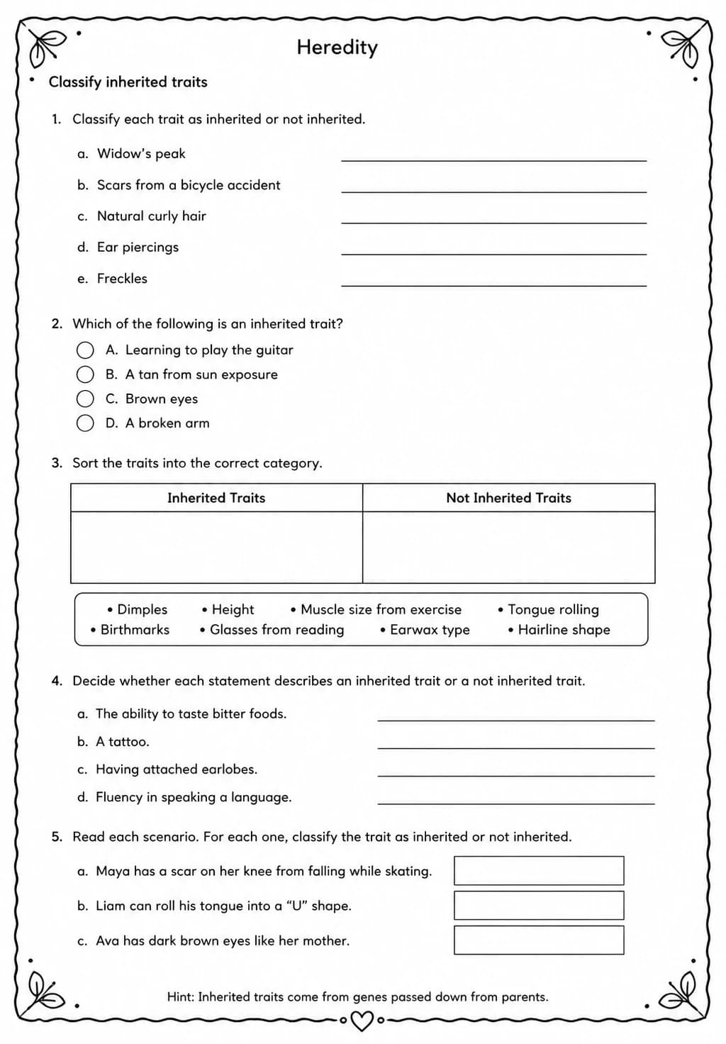 Classify inherited traits — free printable Middle School Science worksheet