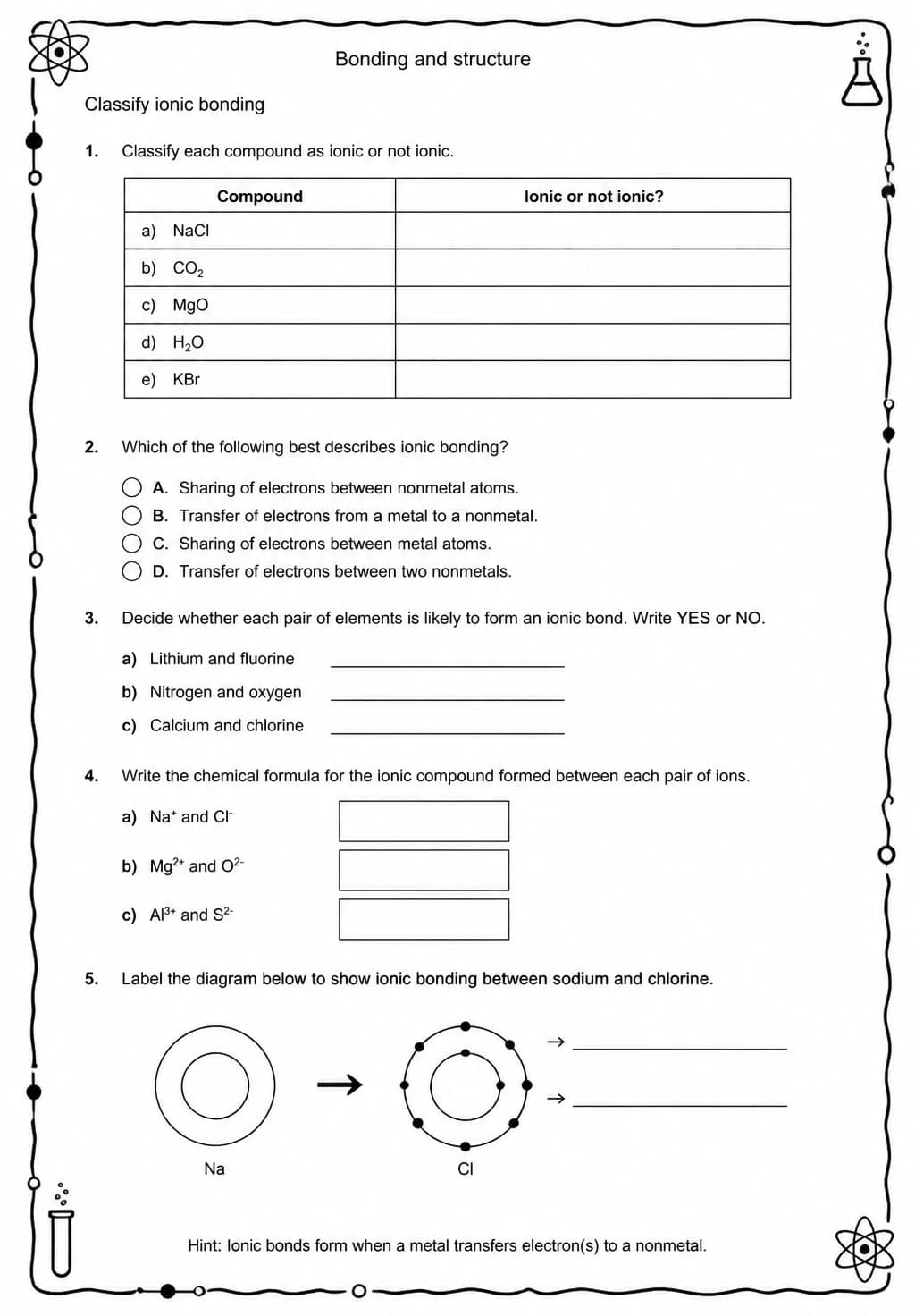 Classify ionic bonding — free printable High School Science worksheet