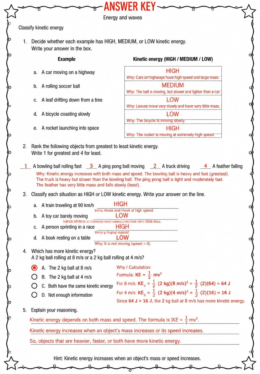 Answer key for Classify kinetic energy — free printable Science worksheet