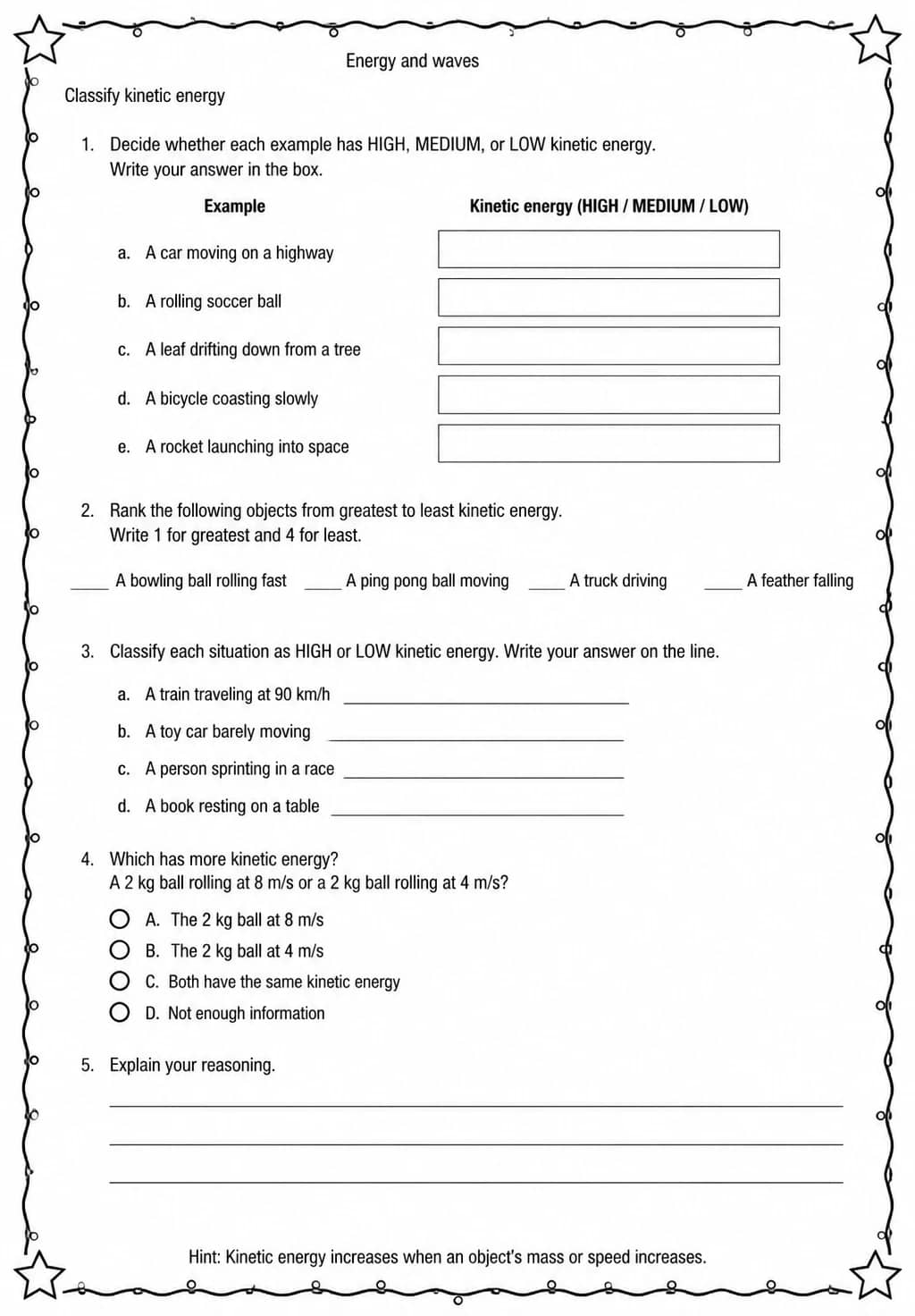 Classify kinetic energy — free printable Middle School Science worksheet