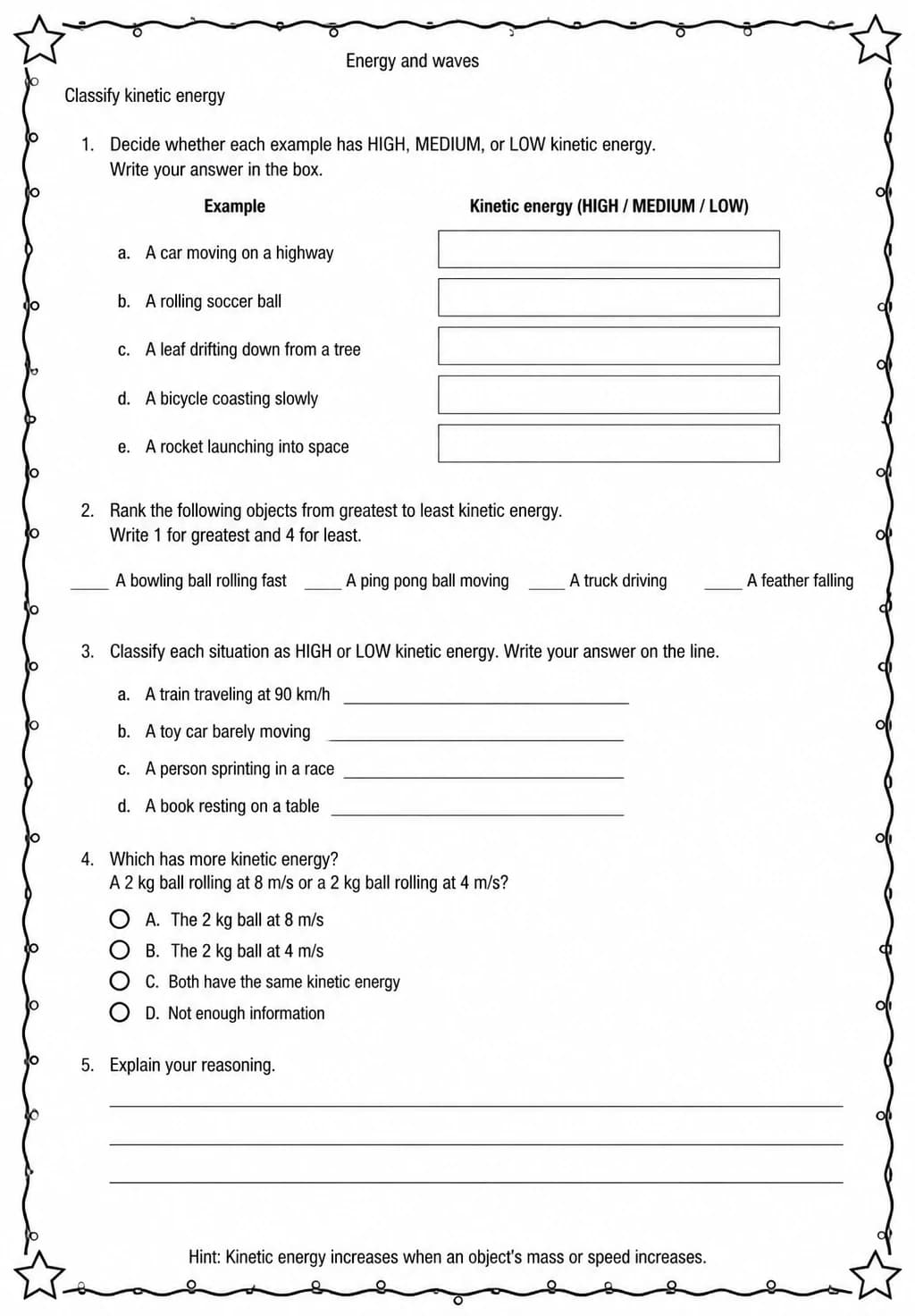 Classify kinetic energy — free printable Middle School Science worksheet