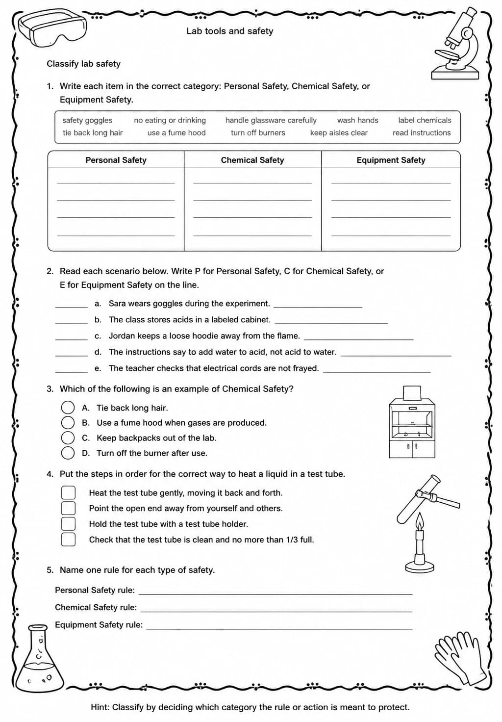 Classify lab safety — free printable Middle School Science worksheet