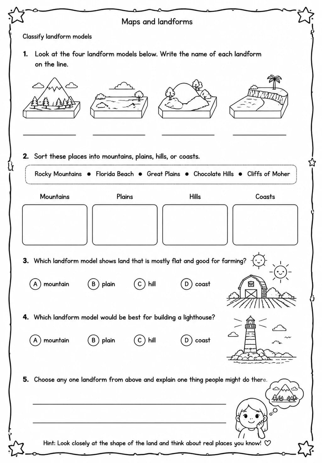 Classify landform models — free printable Grade 4 Science worksheet