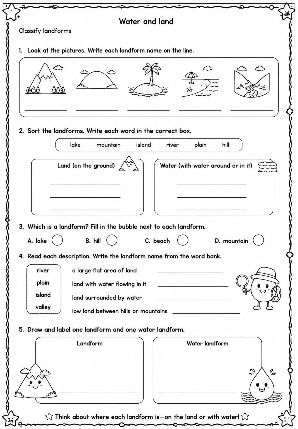 Classify landforms — free printable Grade 2 Science worksheet