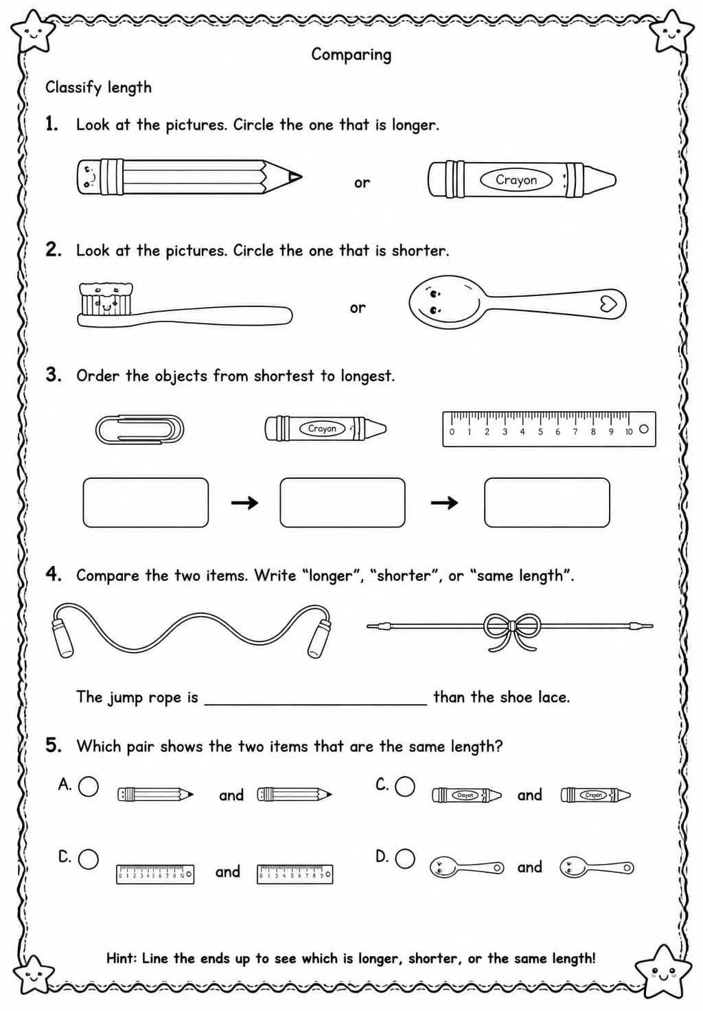 Classify length — free printable Grade 1 Science worksheet