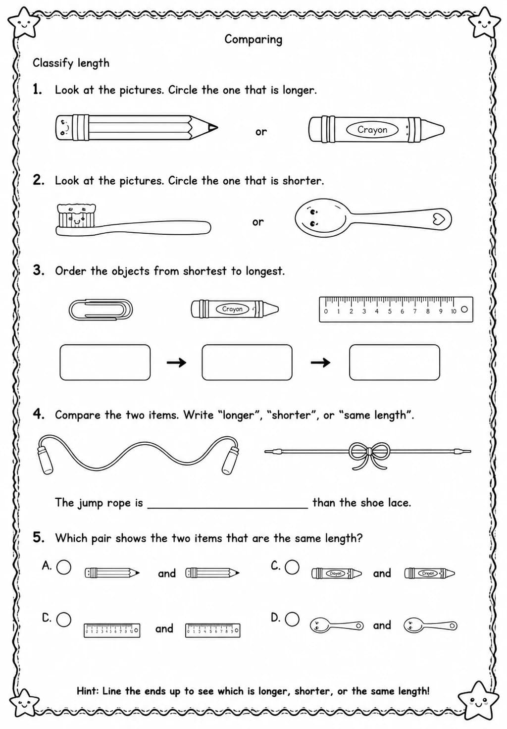 Classify length — free printable Grade 1 Science worksheet