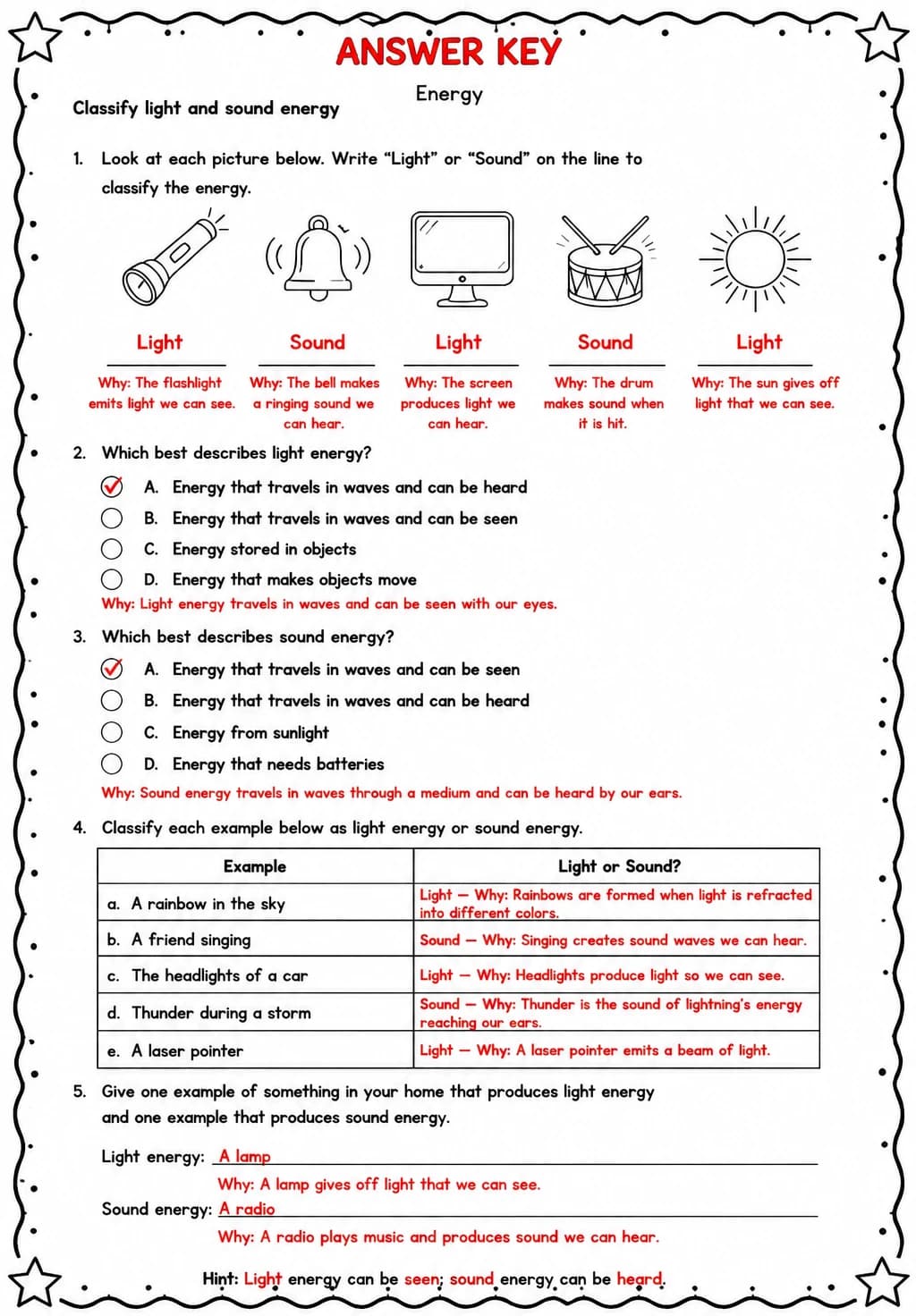 Answer key for Classify light and sound energy — free printable Science worksheet