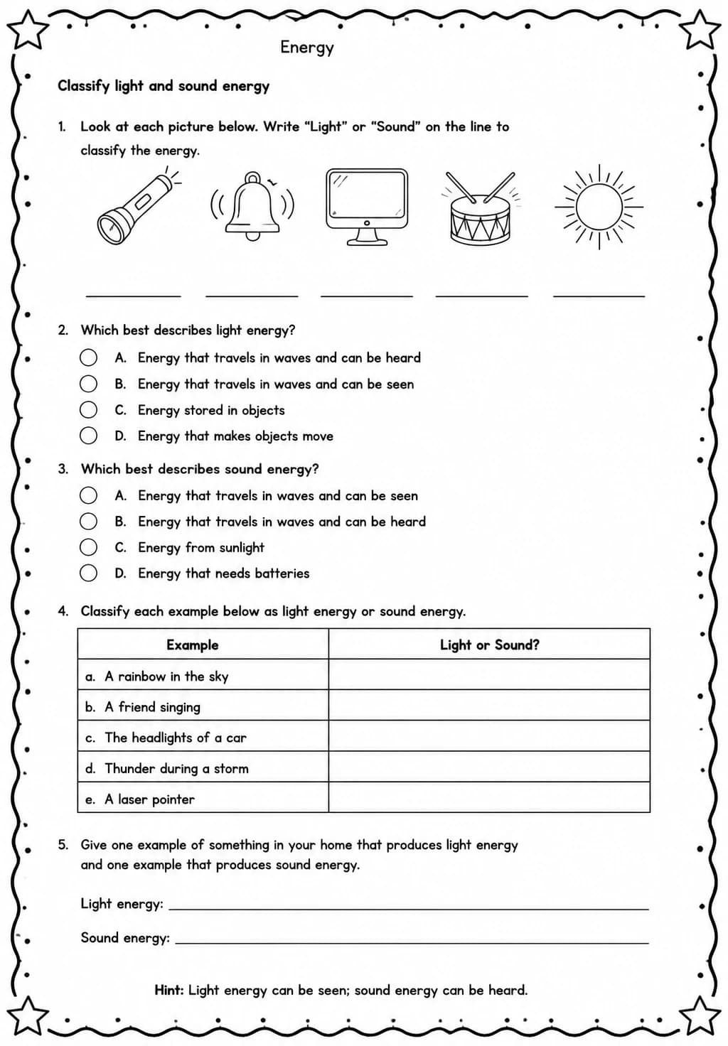Classify light and sound energy — free printable Grade 5 Science worksheet