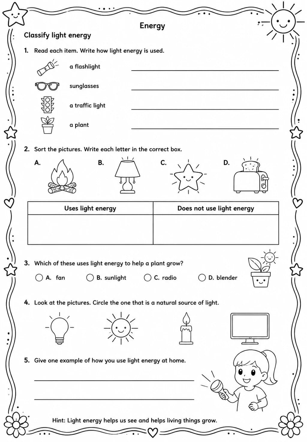 Classify light energy — free printable Grade 3 Science worksheet