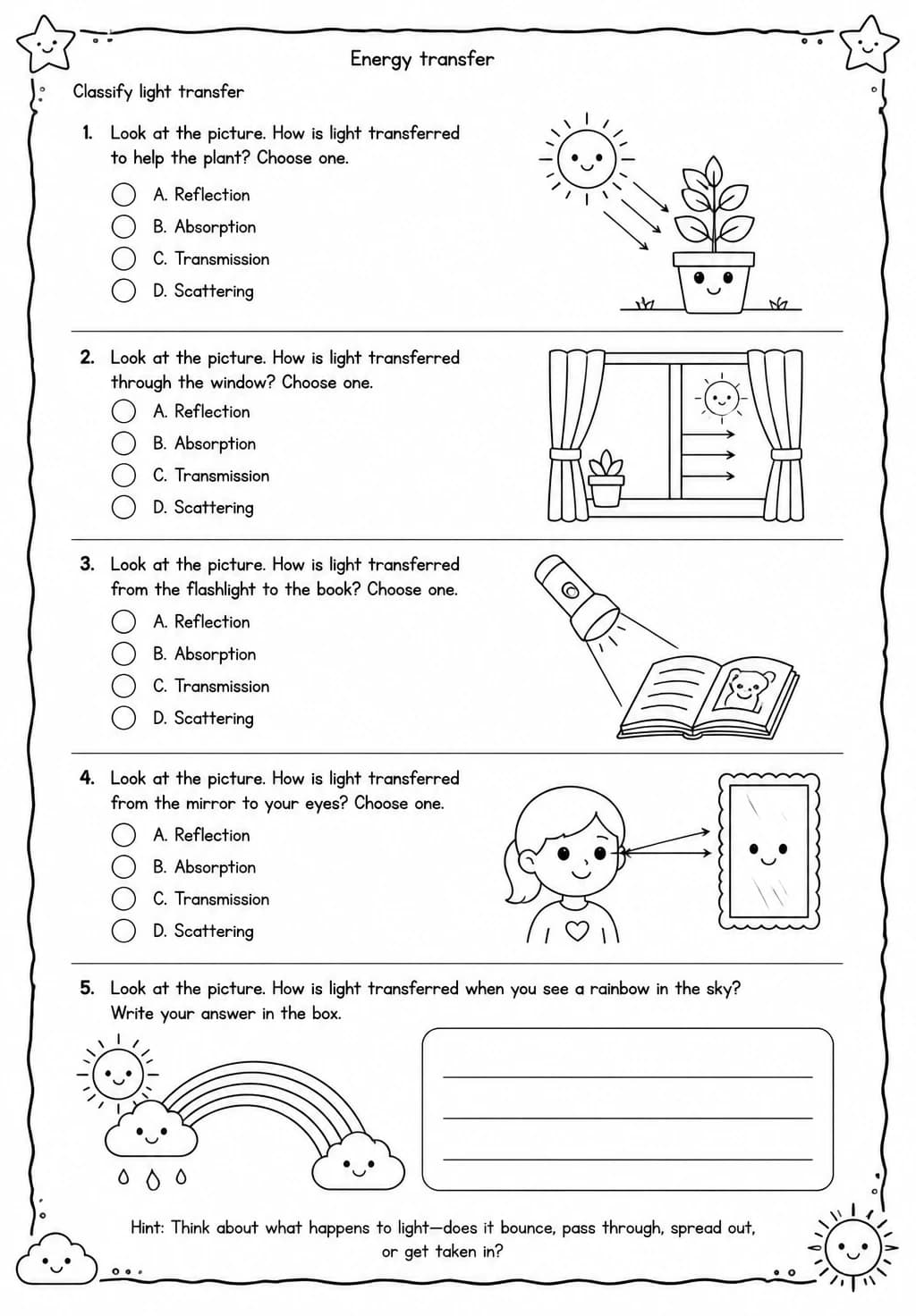 Classify light transfer — free printable Grade 4 Science worksheet