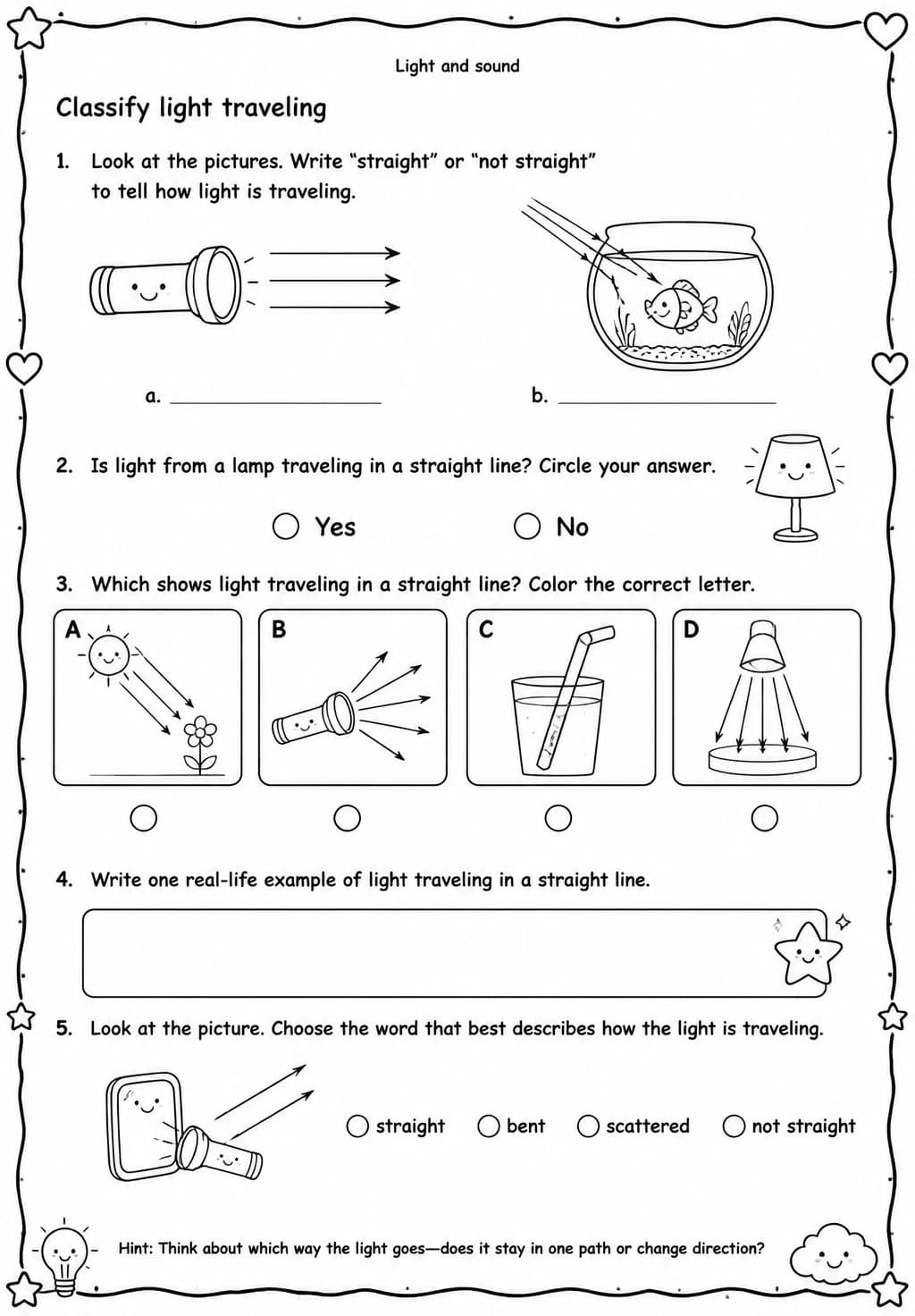 Classify light traveling — free printable Grade 2 Science worksheet