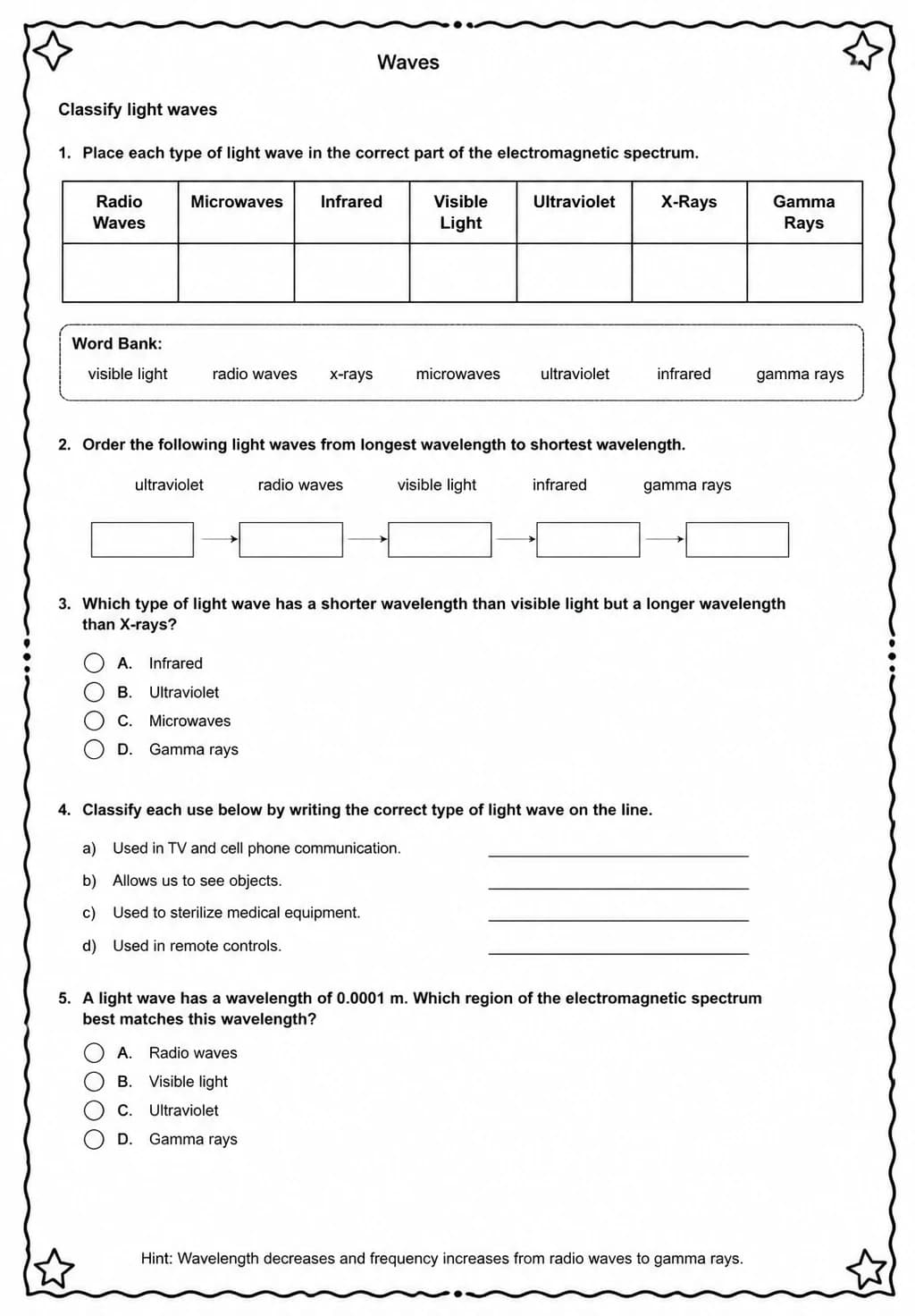 Classify light waves — free printable Middle School Science worksheet