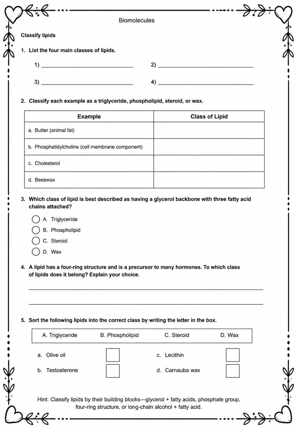 Classify lipids — free printable High School Science worksheet