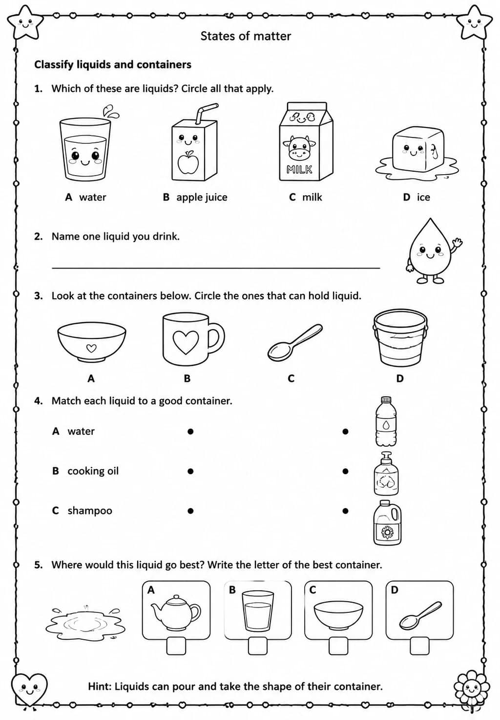 Classify liquids and containers — free printable Grade 2 Science worksheet