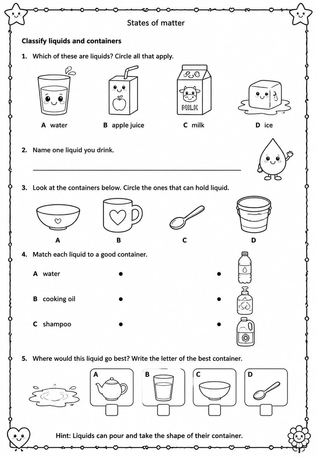 Classify liquids and containers — free printable Grade 2 Science worksheet