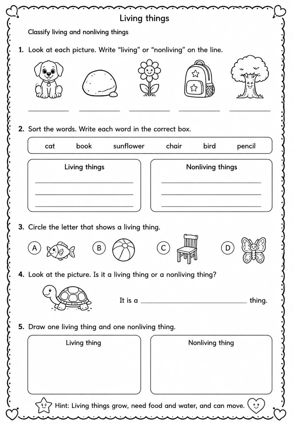 Classify living and nonliving things — free printable Grade 1 Science worksheet