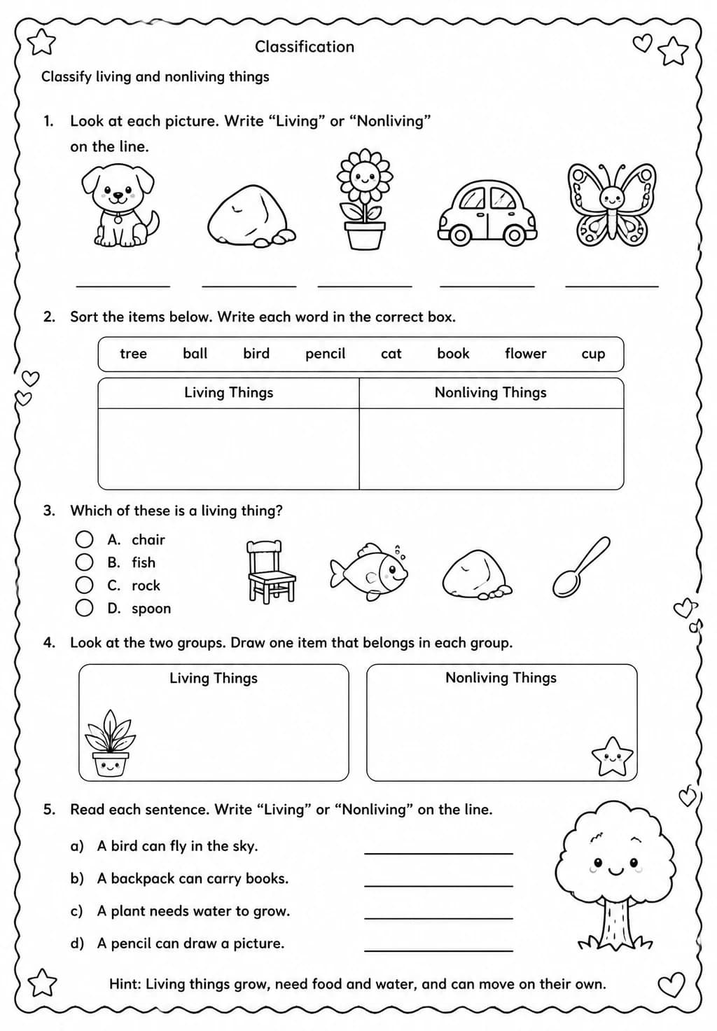 Classify living and nonliving things — free printable Grade 2 Science worksheet