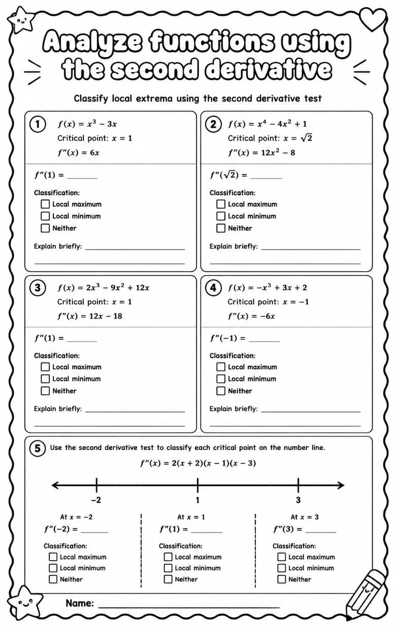 Classify local extrema using the second derivative test — free printable Calculus math worksheet