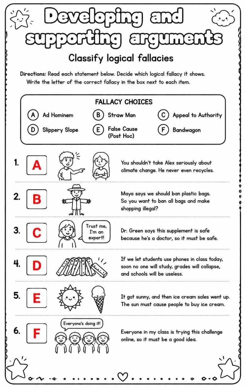 Answer key for Classify logical fallacies — free printable English & Reading worksheet