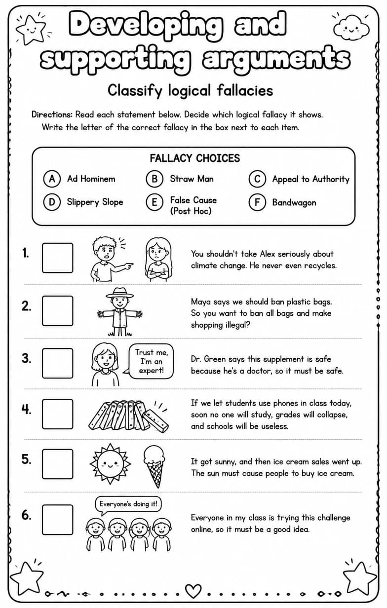 Classify logical fallacies — free printable Writing strategies English worksheet