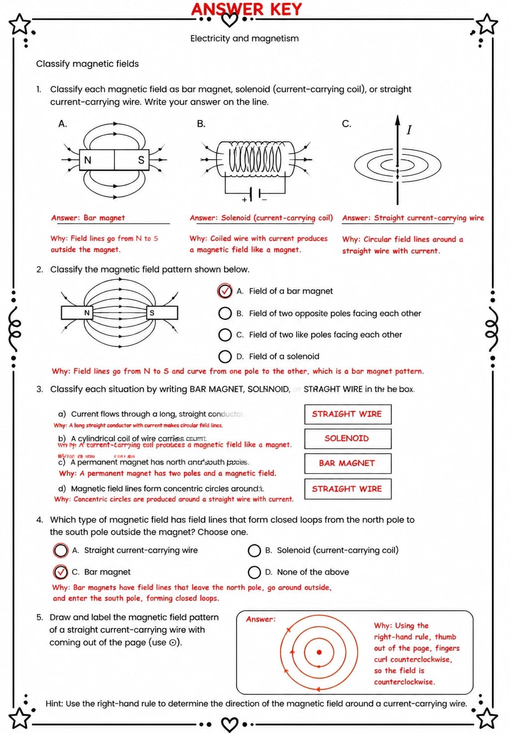 Answer key for Classify magnetic fields — free printable Science worksheet