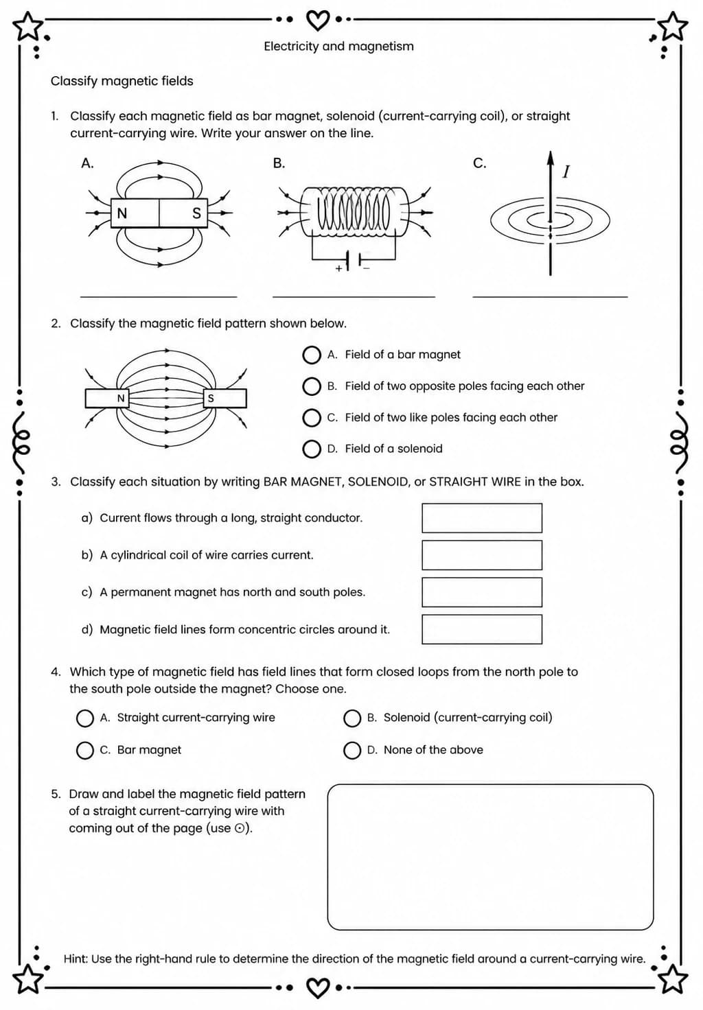 Classify magnetic fields — free printable Middle School Science worksheet