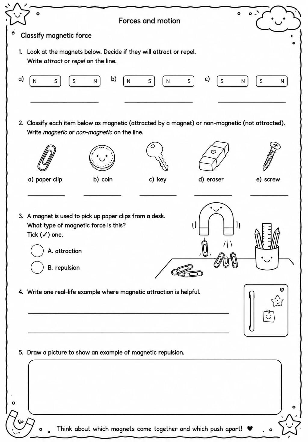 Classify magnetic force — free printable Grade 4 Science worksheet