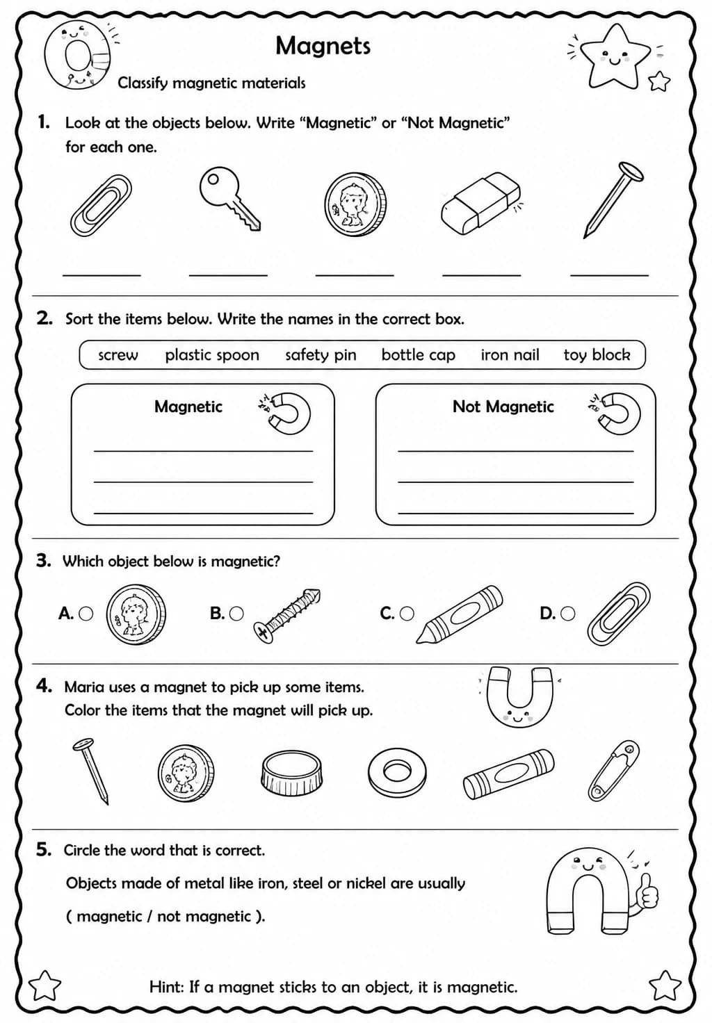 Classify magnetic materials — free printable Grade 2 Science worksheet