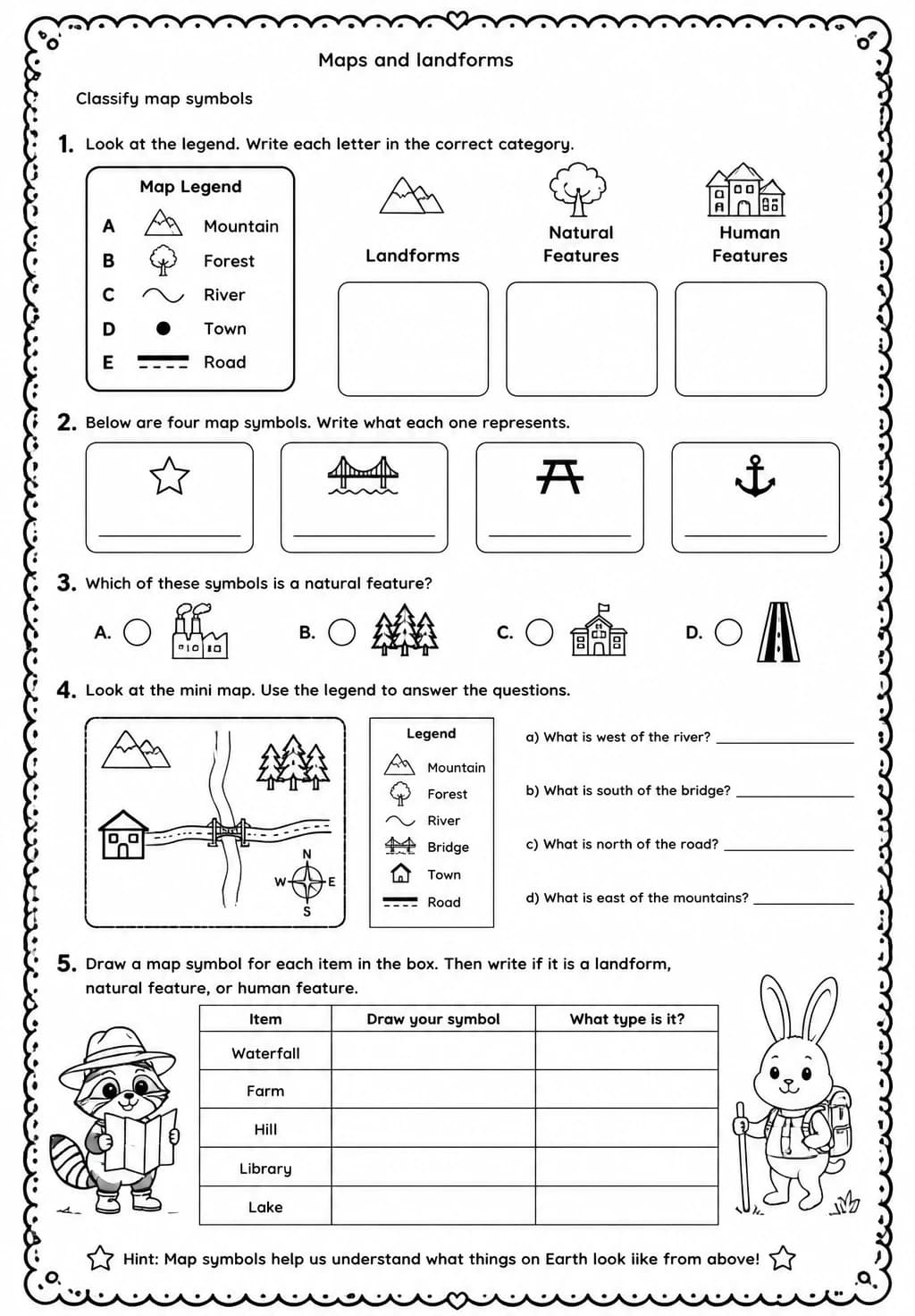 Classify map symbols — free printable Grade 4 Science worksheet