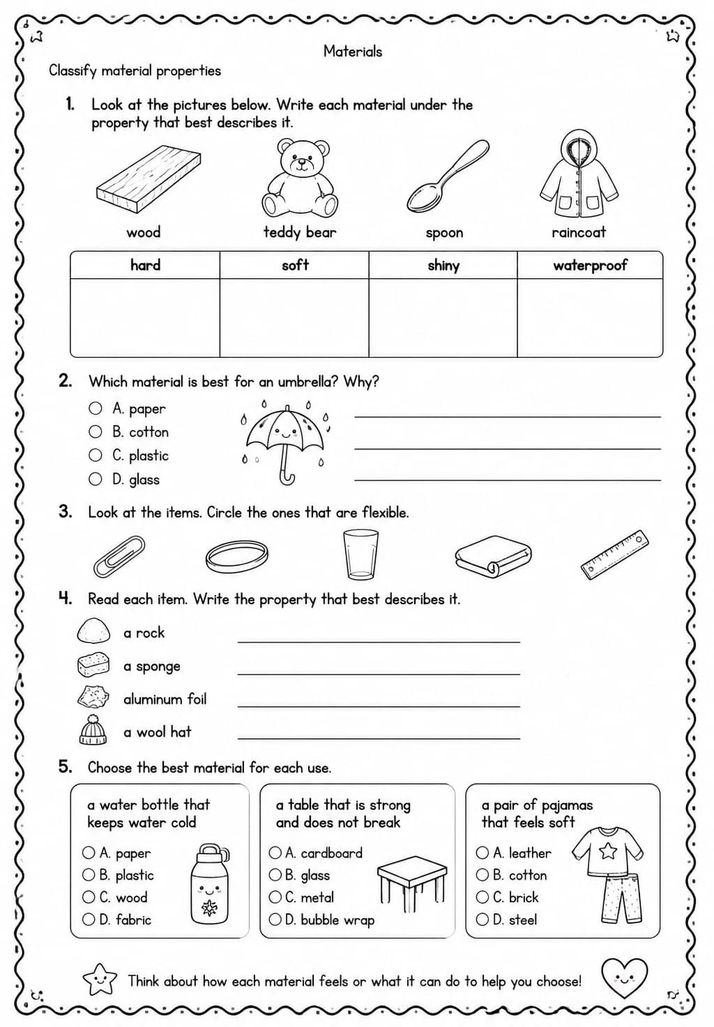 Classify material properties — free printable Grade 2 Science worksheet