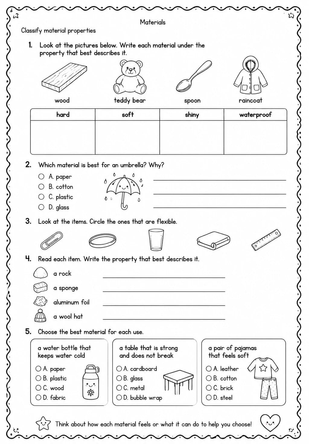 Classify material properties — free printable Grade 2 Science worksheet