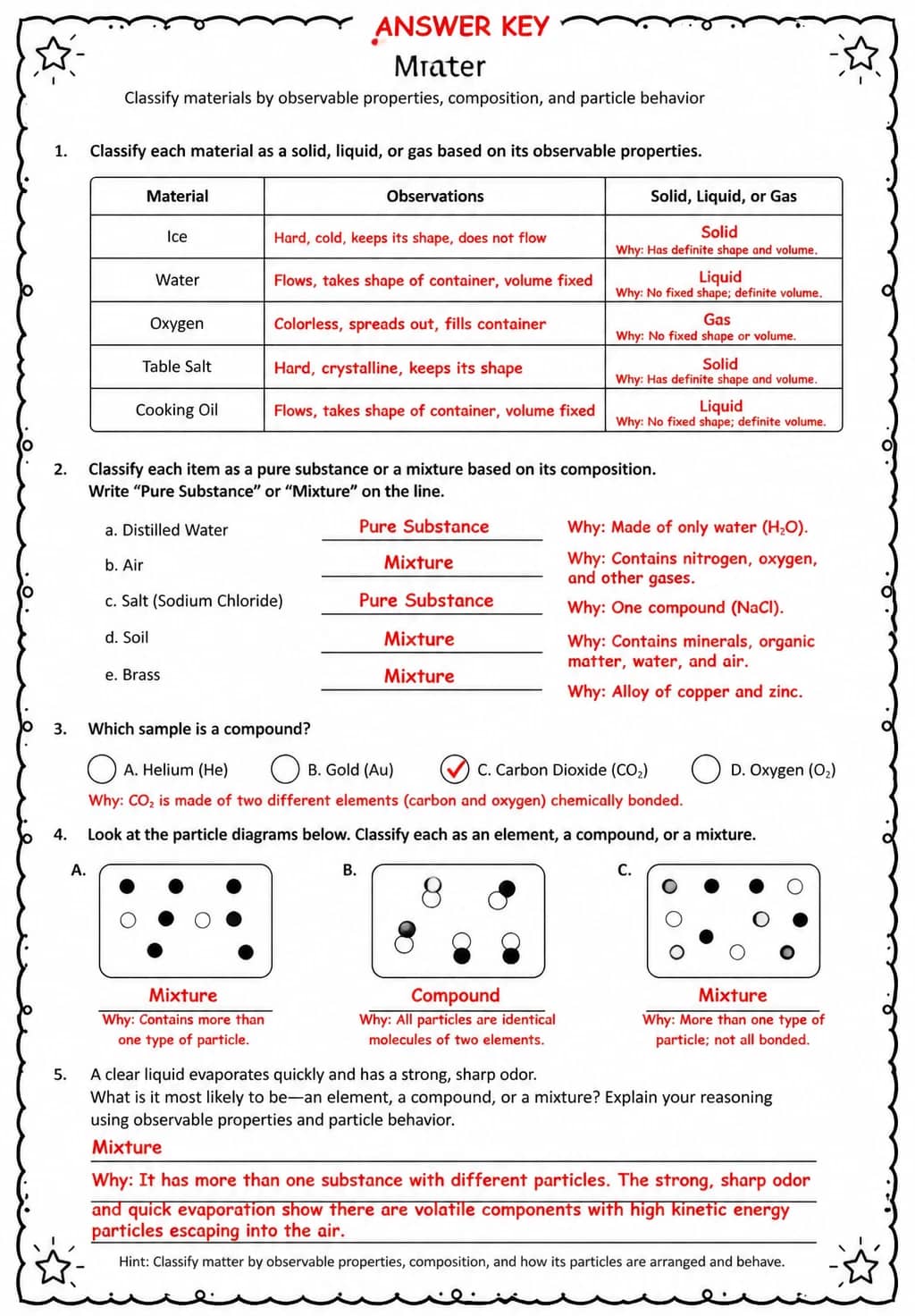 Answer key for Classify materials by observable properties, composition, and particle behavior — free printable Science worksheet