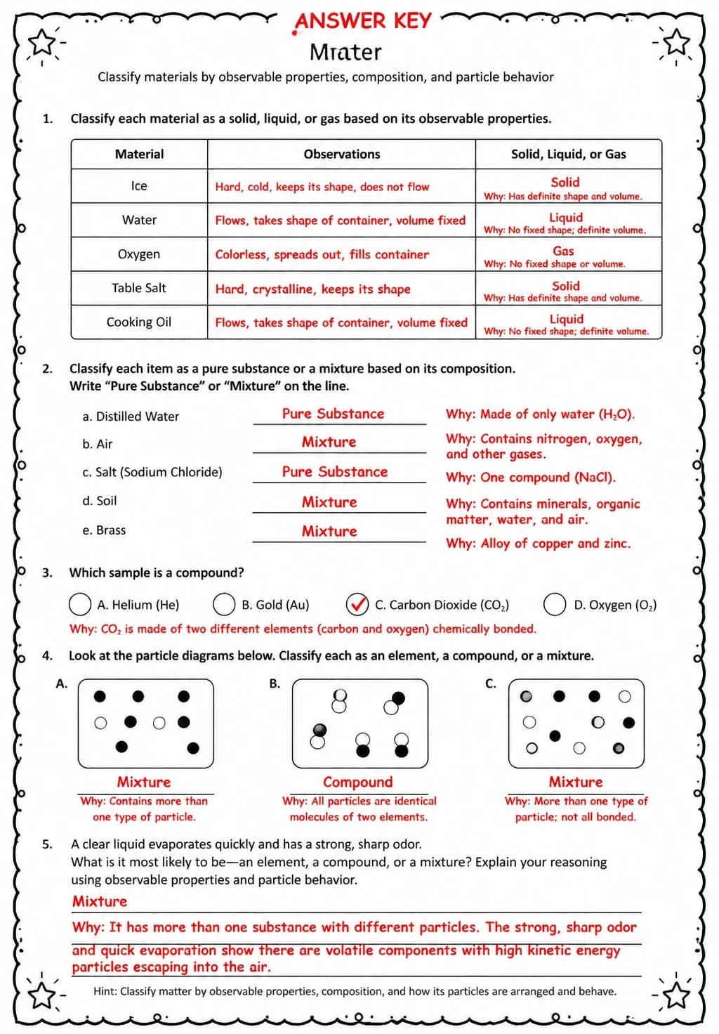 Answer key for Classify materials by observable properties, composition, and particle behavior — free printable Science worksheet