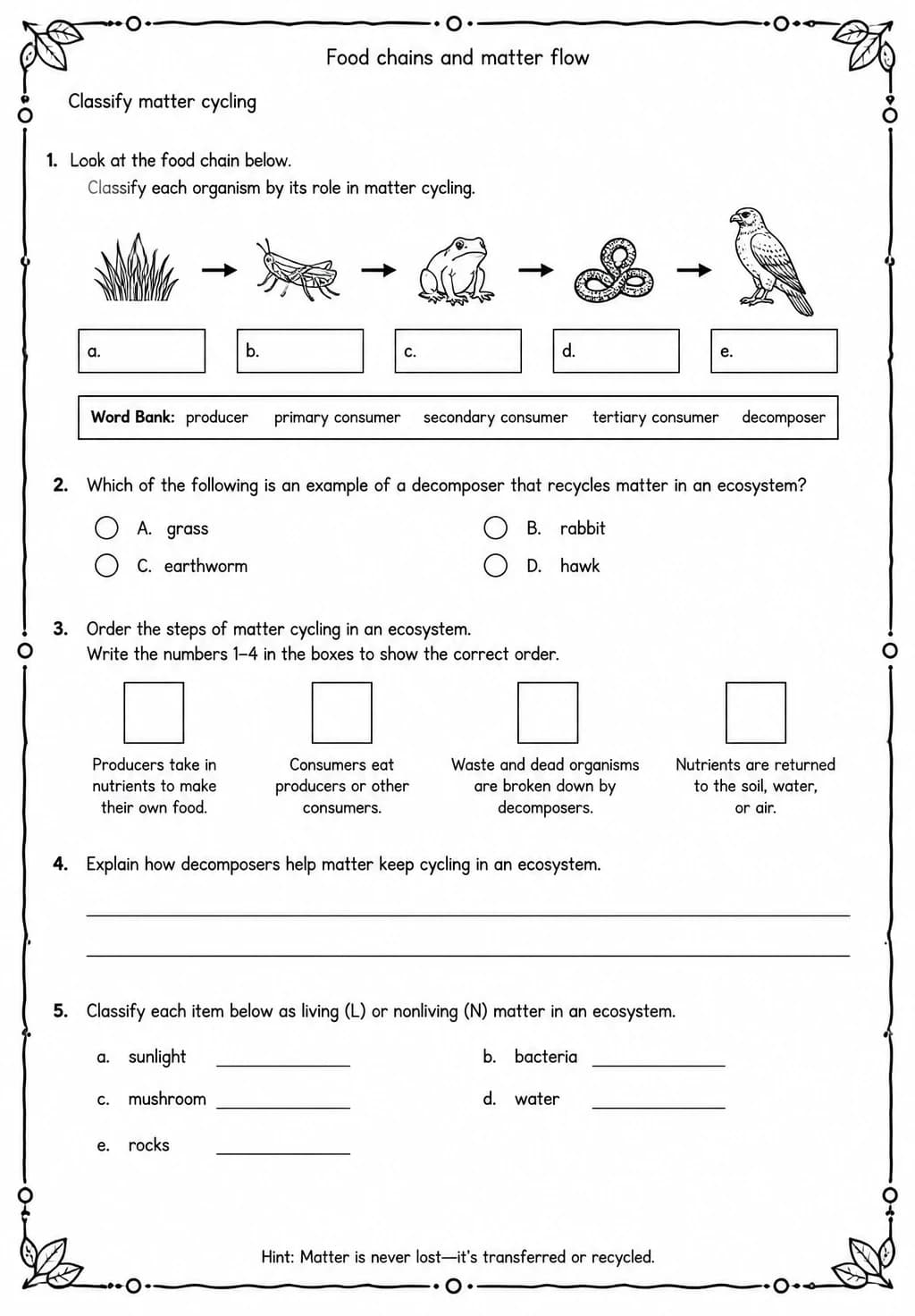 Classify matter cycling — free printable Grade 5 Science worksheet