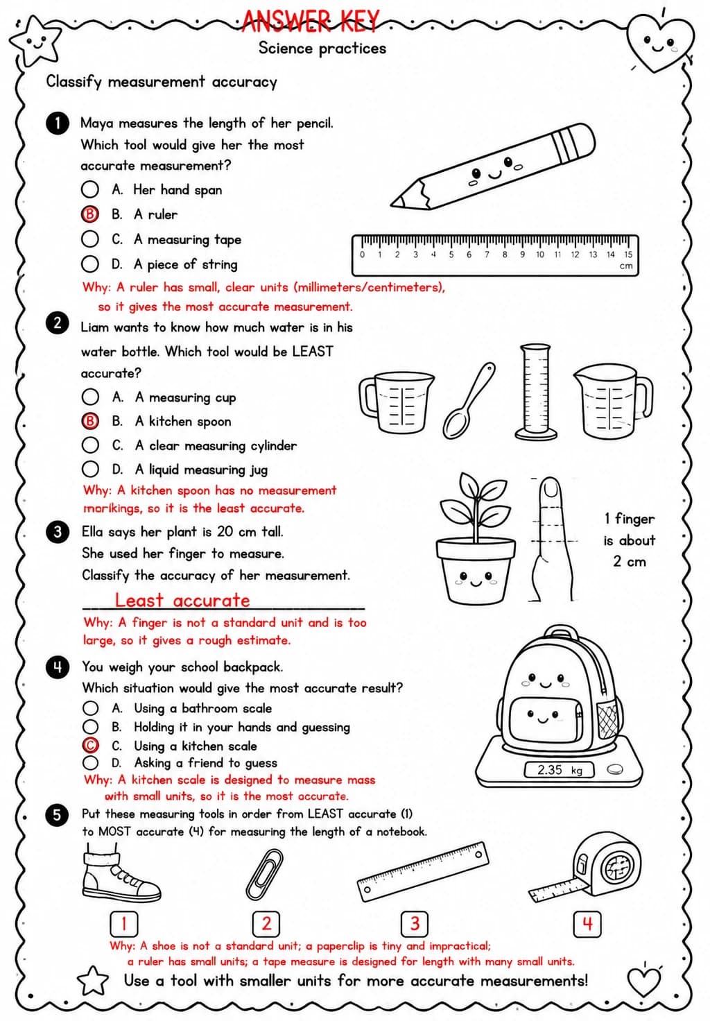 Answer key for Classify measurement accuracy — free printable Science worksheet