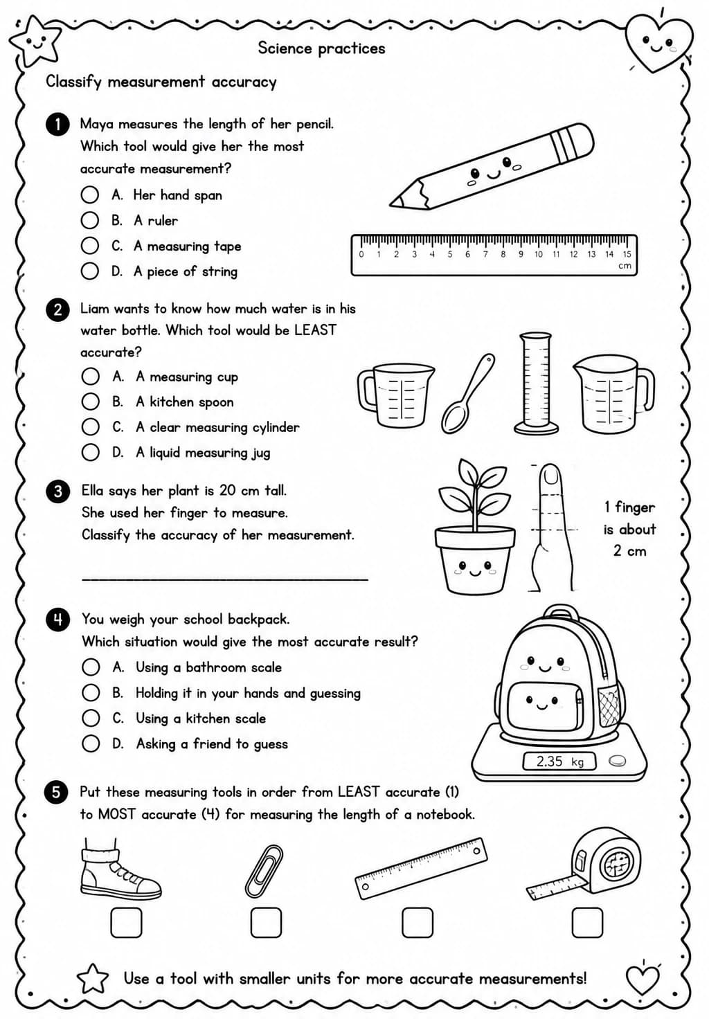 Classify measurement accuracy — free printable Grade 4 Science worksheet