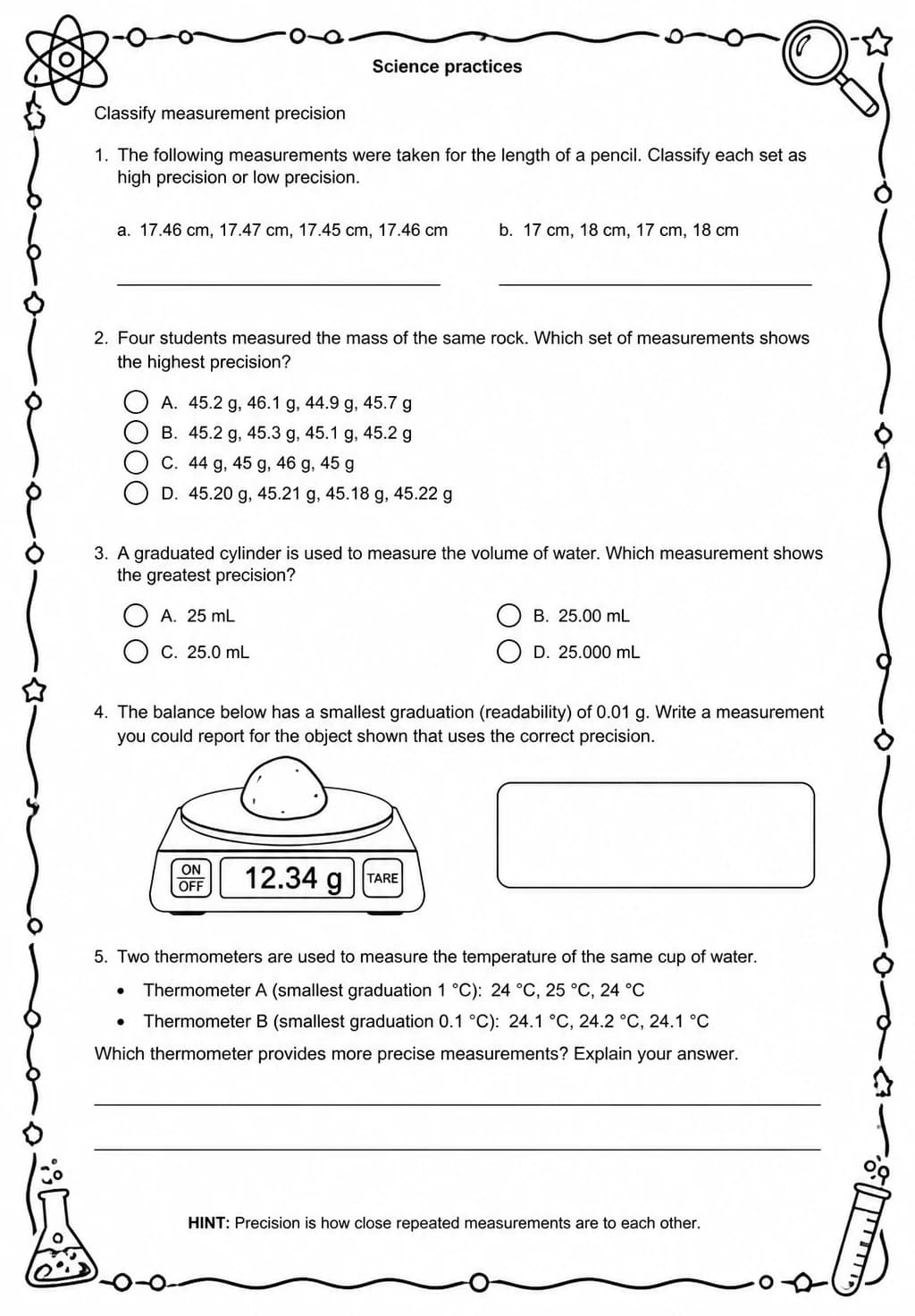 Classify measurement precision — free printable Middle School Science worksheet