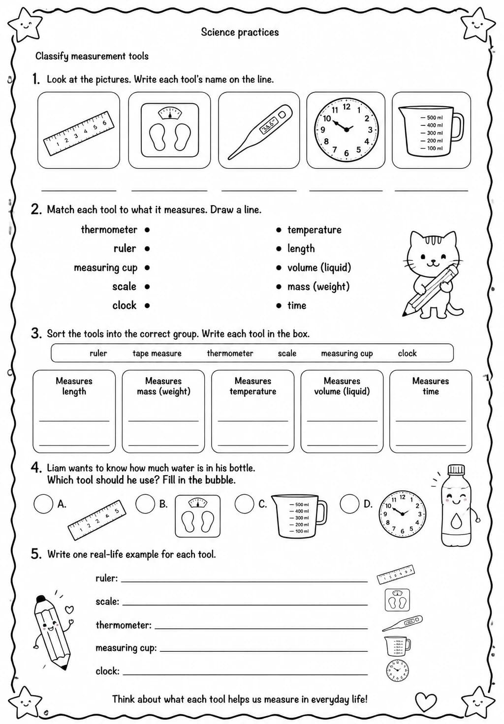 Classify measurement tools — free printable Grade 3 Science worksheet