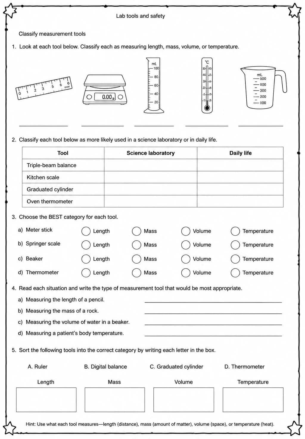 Classify measurement tools — free printable Middle School Science worksheet