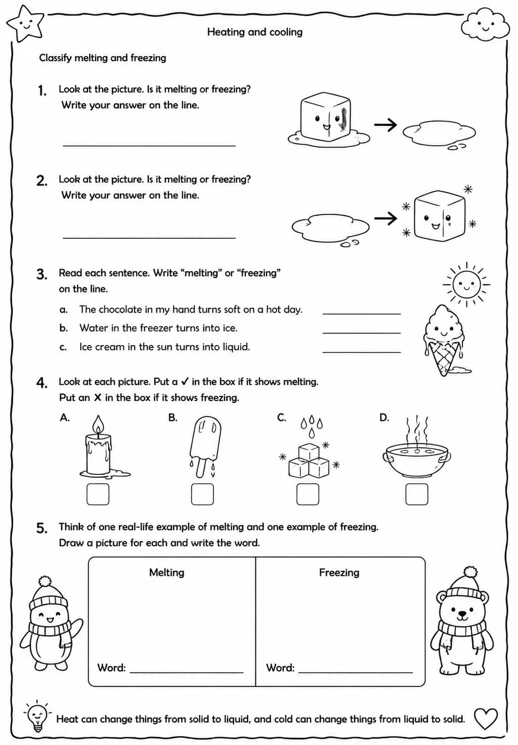 Classify melting and freezing — free printable Grade 2 Science worksheet