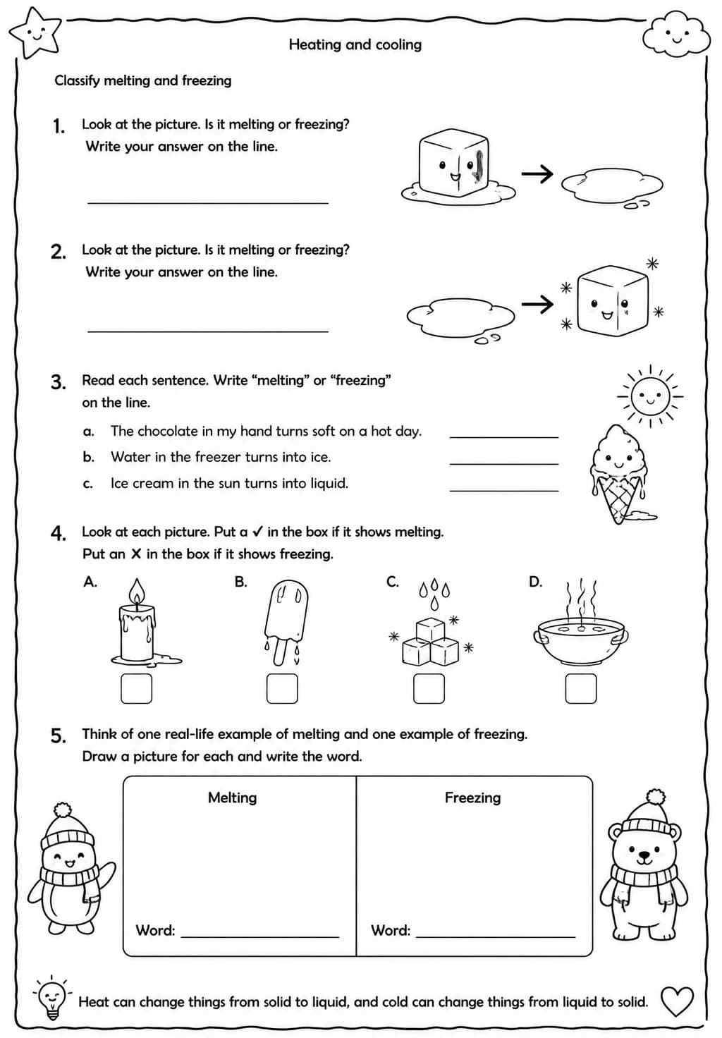 Classify melting and freezing — free printable Grade 2 Science worksheet