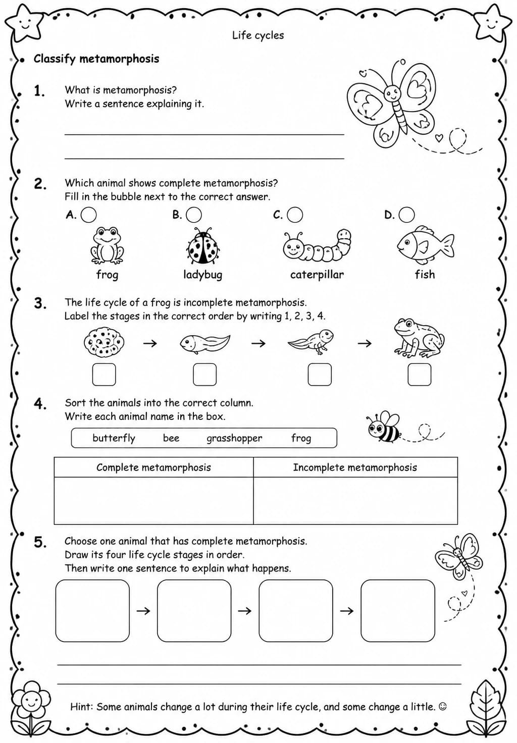 Classify metamorphosis — free printable Grade 3 Science worksheet
