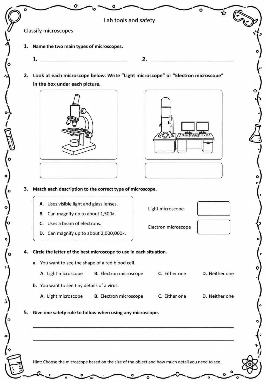 Classify microscopes — free printable Middle School Science worksheet