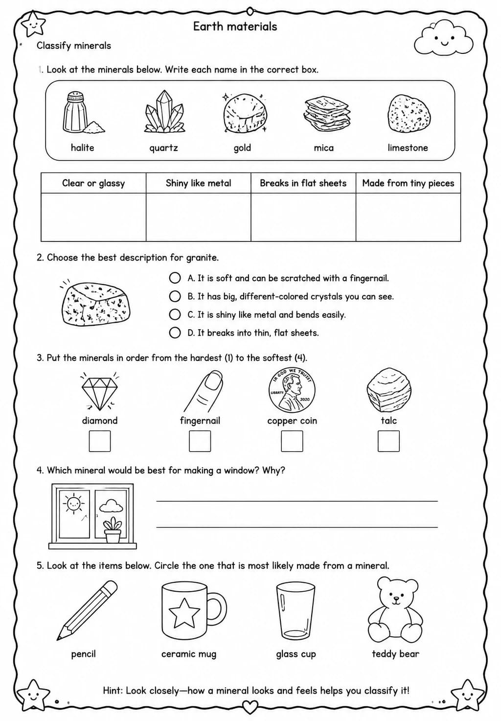 Classify minerals — free printable Grade 3 Science worksheet