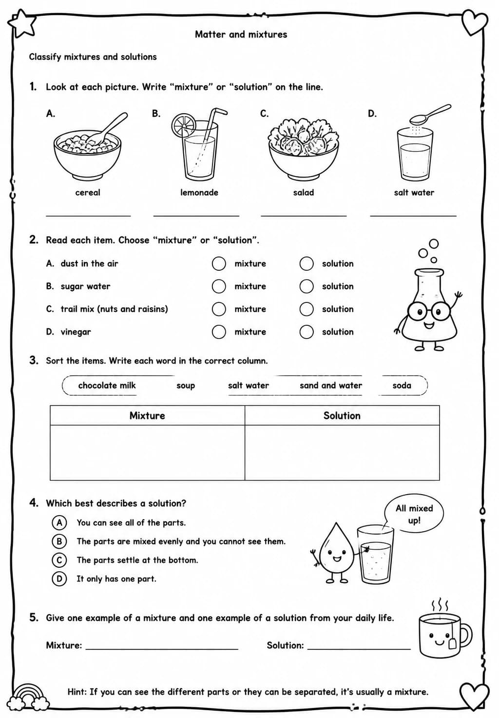 Classify mixtures and solutions — free printable Grade 4 Science worksheet