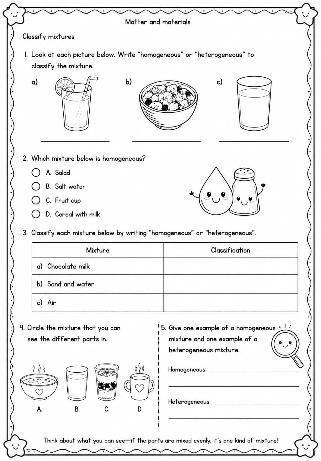 Classify mixtures — free printable Grade 3 Science worksheet