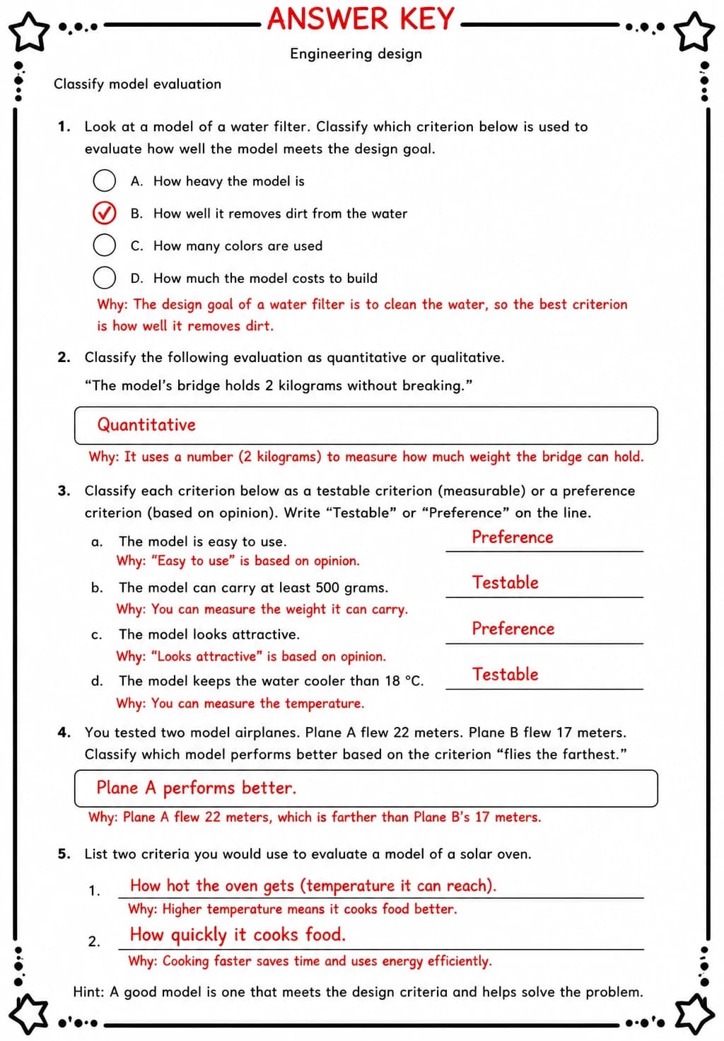 Answer key for Classify model evaluation — free printable Science worksheet