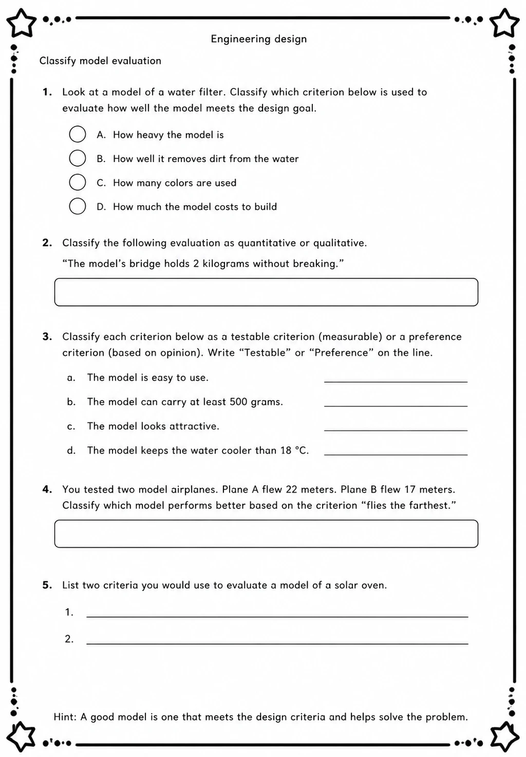 Classify model evaluation — free printable Middle School Science worksheet